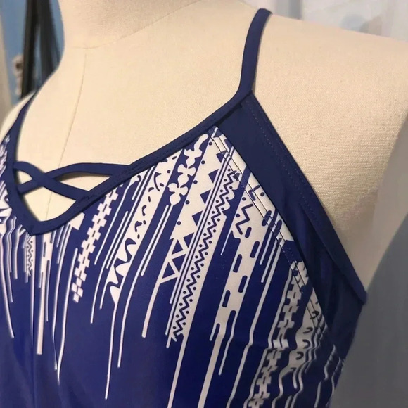 Strappy Loose Fitting Bathing Suit Top. Sz L. Royal Blue/White. Removable Cups. - Picture 2 of 7